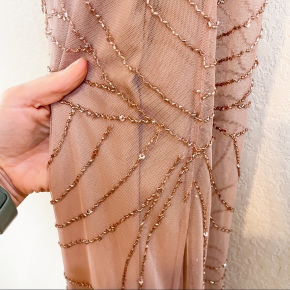 Adrianna Papell Spaghetti Strap Beaded Blouson Gown Taupe Pink Size 6 - Picture 6 of 13